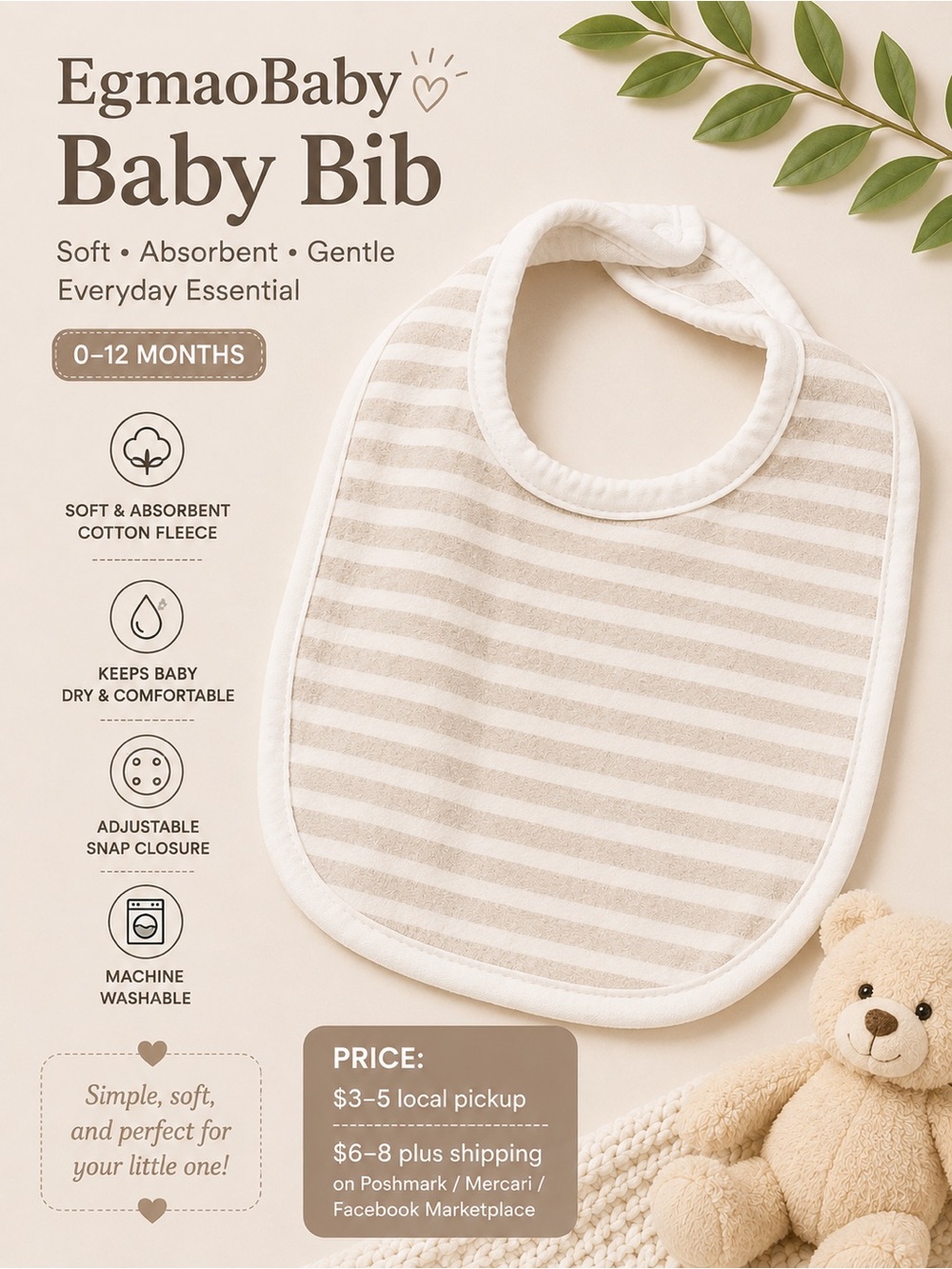 Grey & White Striped Baby Bib - Soft Absorbent Cotton